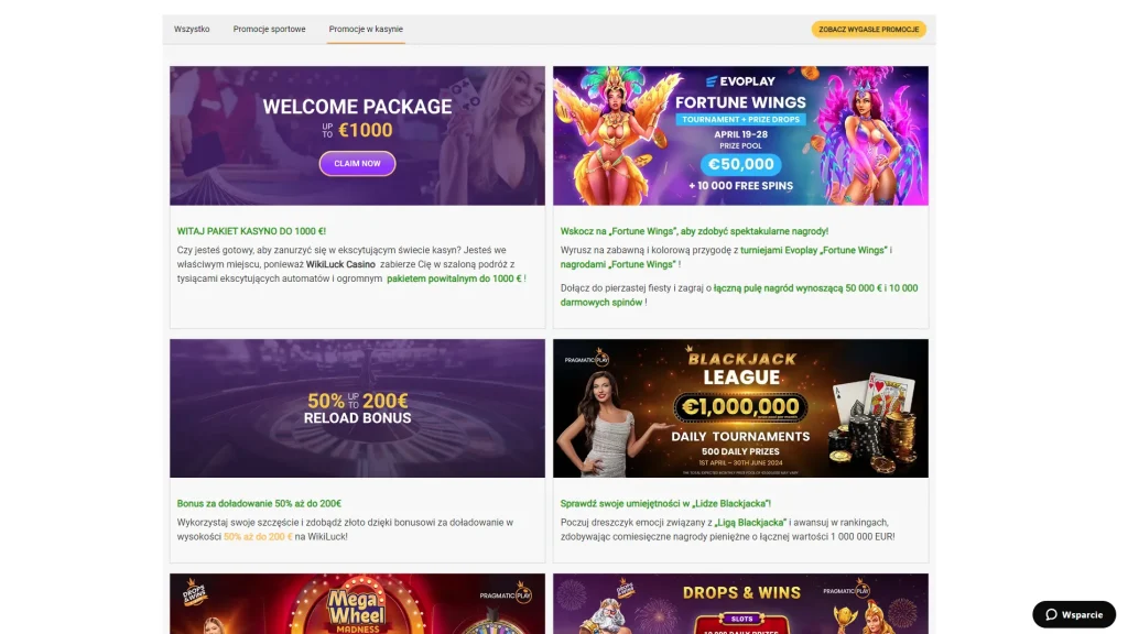 - Drugi depozyt: 50% do €250 z kodem WIKI50
